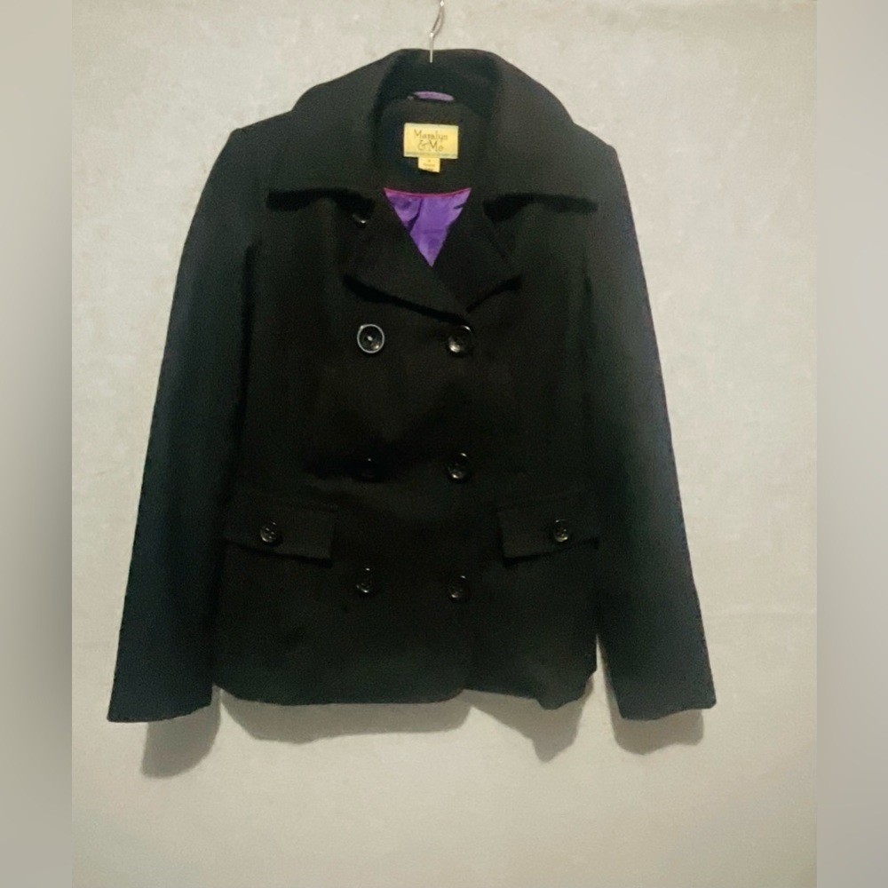 Maralyn & Me Black Double-Breasted Peacoat with Purple Lining Sz S
